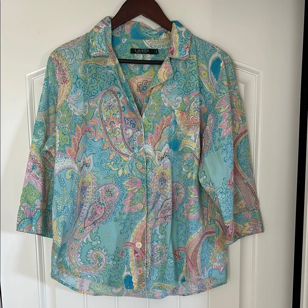 Vintage‎ Ralph Lauren Blue Pink Floral Monogram 3/4 Sleeve Pajama Top Women’s XL